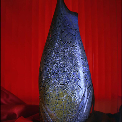 Blue Sculpted Hand Blown Glass Vase - Crackled
